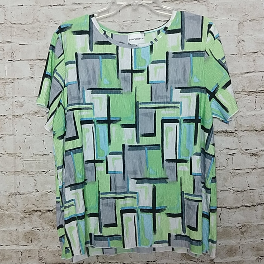 Bon Worth Blouse Size Medium Petite Green Gray Geometric Design Short Sleeve EUC